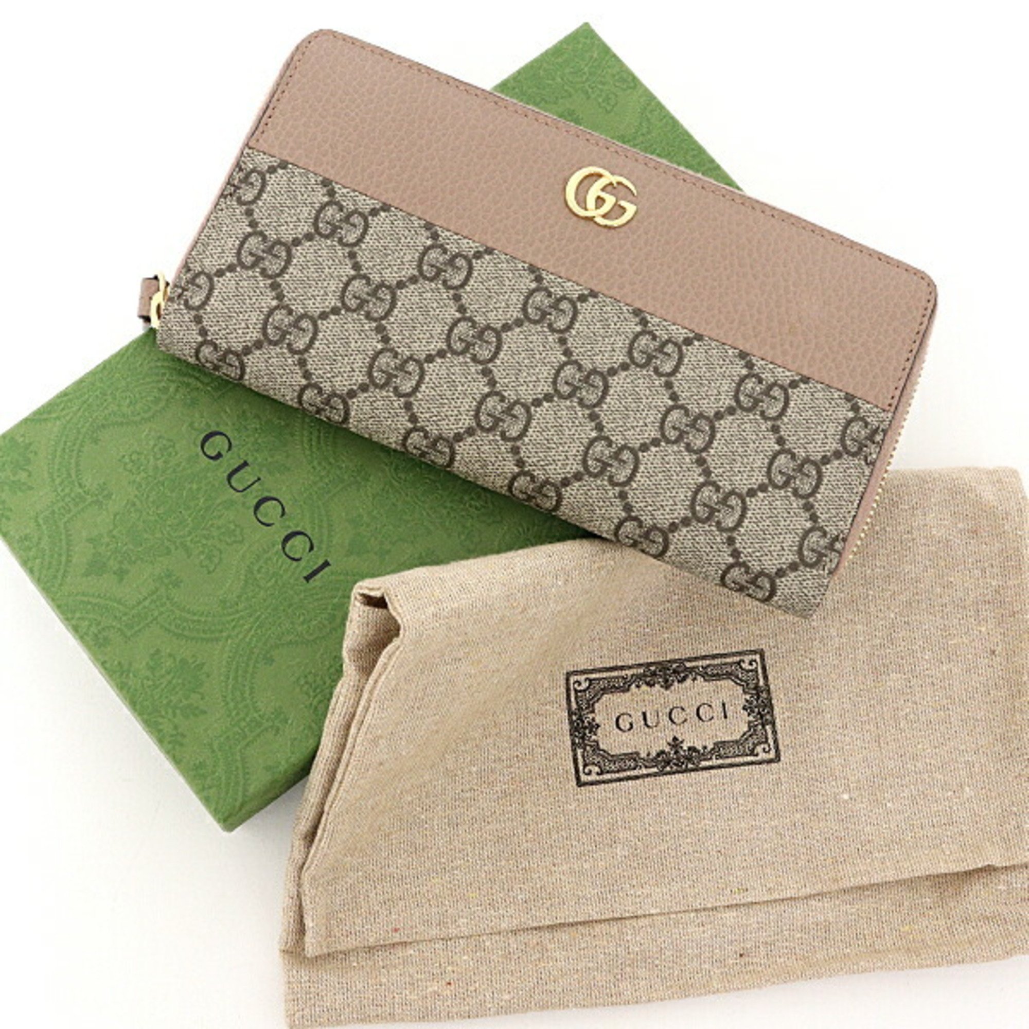 GUCCI Double G Zip Around Wallet Beige & Ebony GG Supreme Canvas Dusty Pink Leather 456117