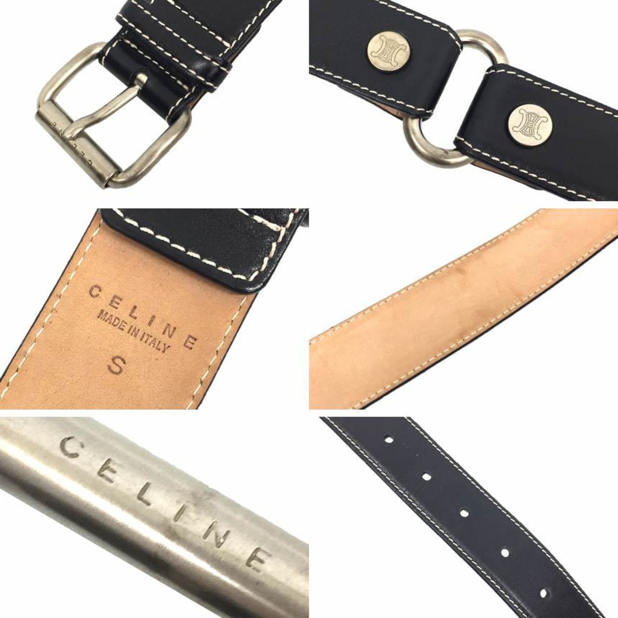 CELINE Belt Leather Black Silver Buckle Women's Celine