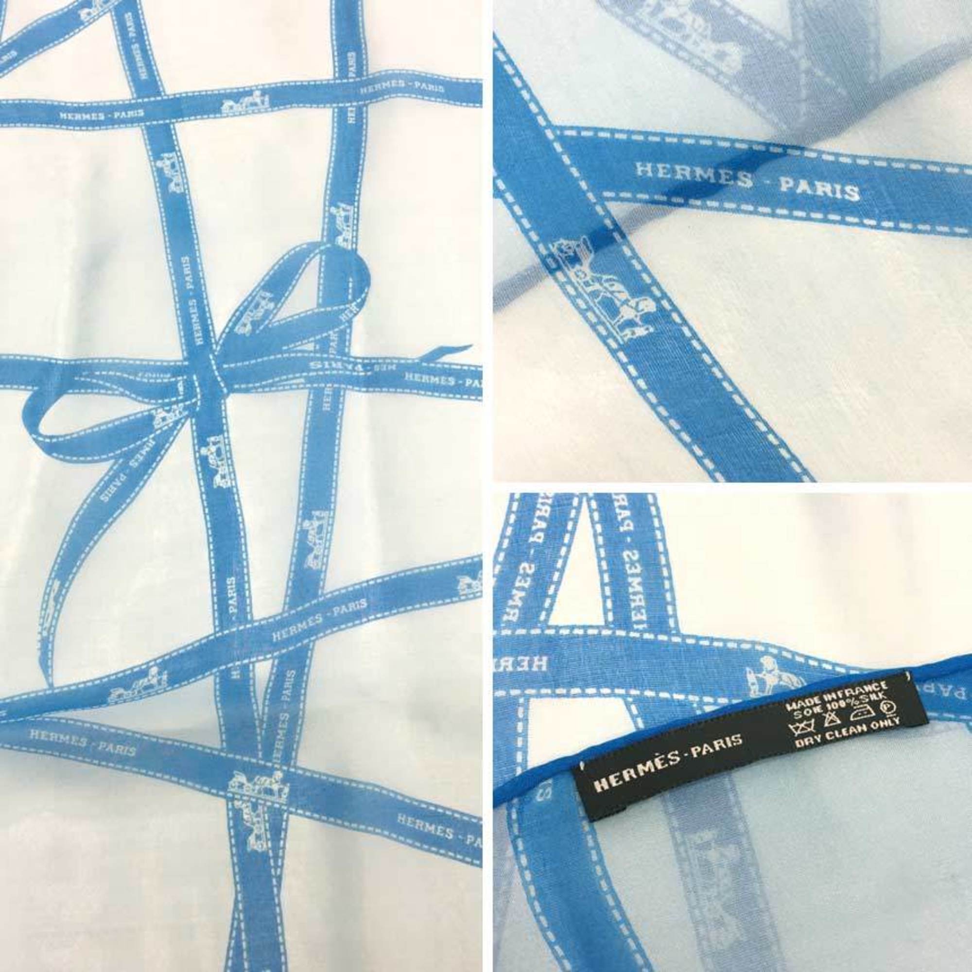 HERMES BOLDUC MOUSSELINE STOLE Bolduc Muslin Stole Ribbon Pattern 105002S 03 Long Scarf Silk Blue 100% aq9861