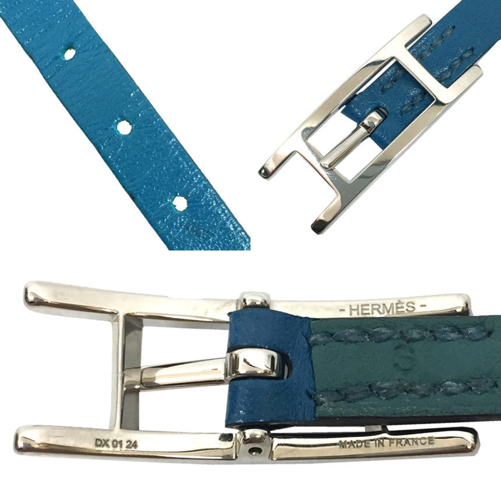 Hermes HERMES Leather Bracelet Behapi Double Tour S Size Peacock Blue Green Reversible aq9932