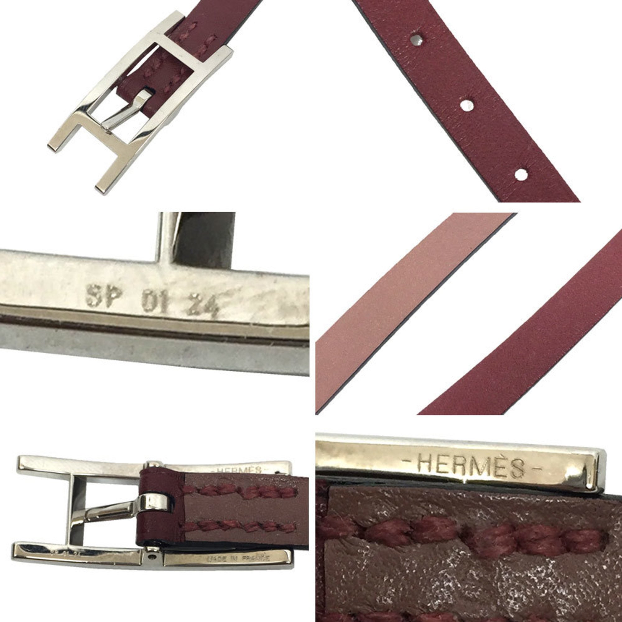 Hermes HERMES Leather Bracelet Behapi Double Tour S Size Bordeaux Mocha Reversible aq9931