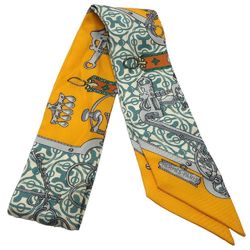 HERMES Scarf Twilly Horse Bit and Chain Silk Multicolor Orange Green 180504