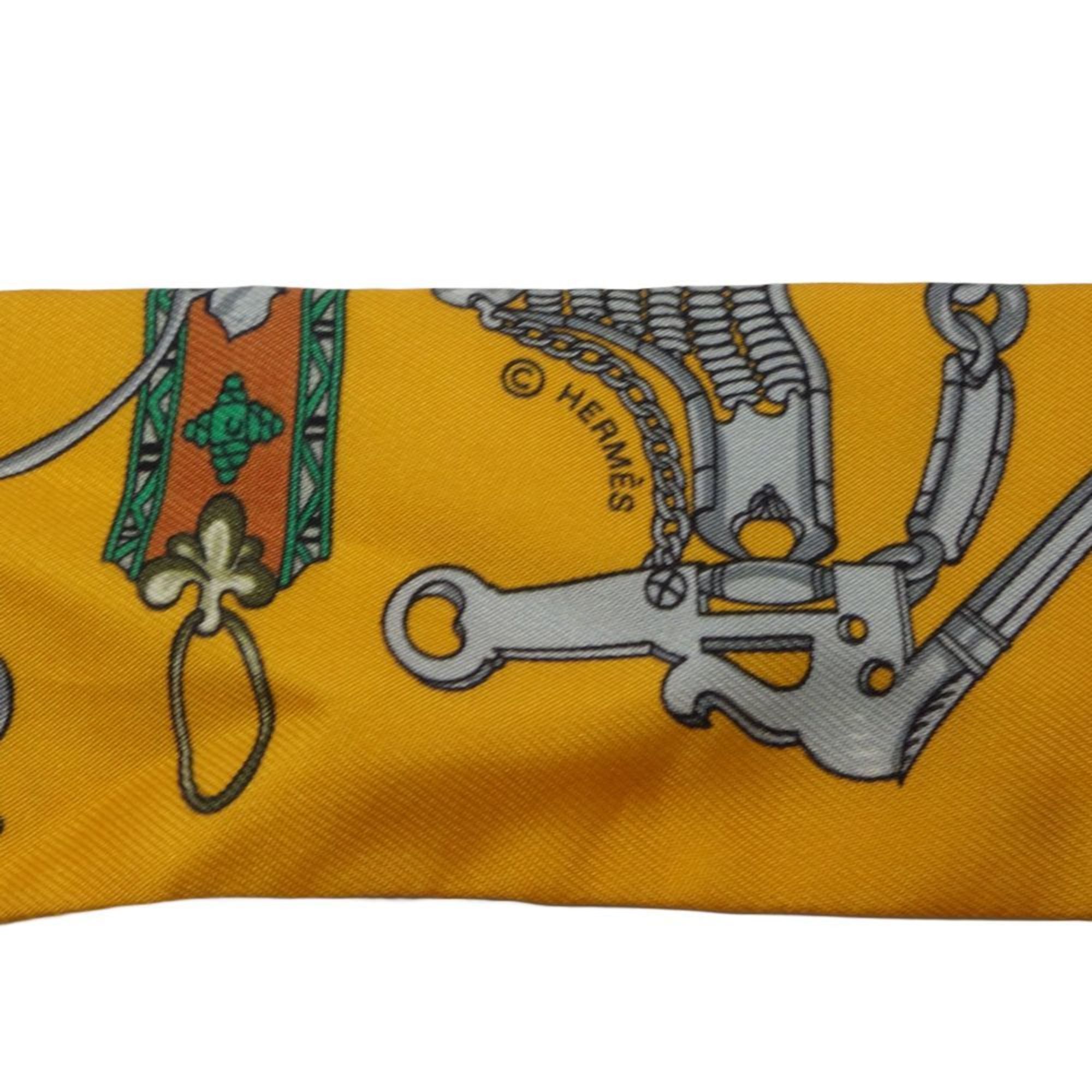 HERMES Scarf Twilly Horse Bit and Chain Silk Multicolor Orange Green 180504