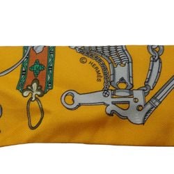 HERMES Scarf Twilly Horse Bit and Chain Silk Multicolor Orange Green 180504