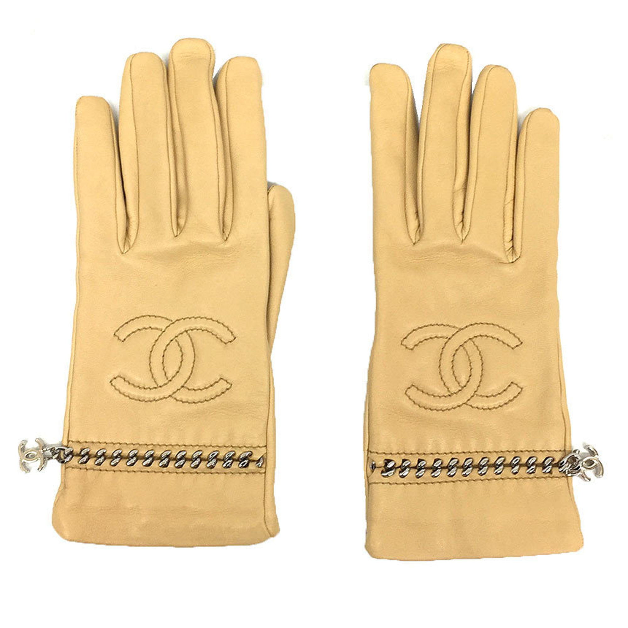 CHANEL Leather Gloves Coco Mark Chain Beige Nappa Women's Small Chanel aq9901 10013029