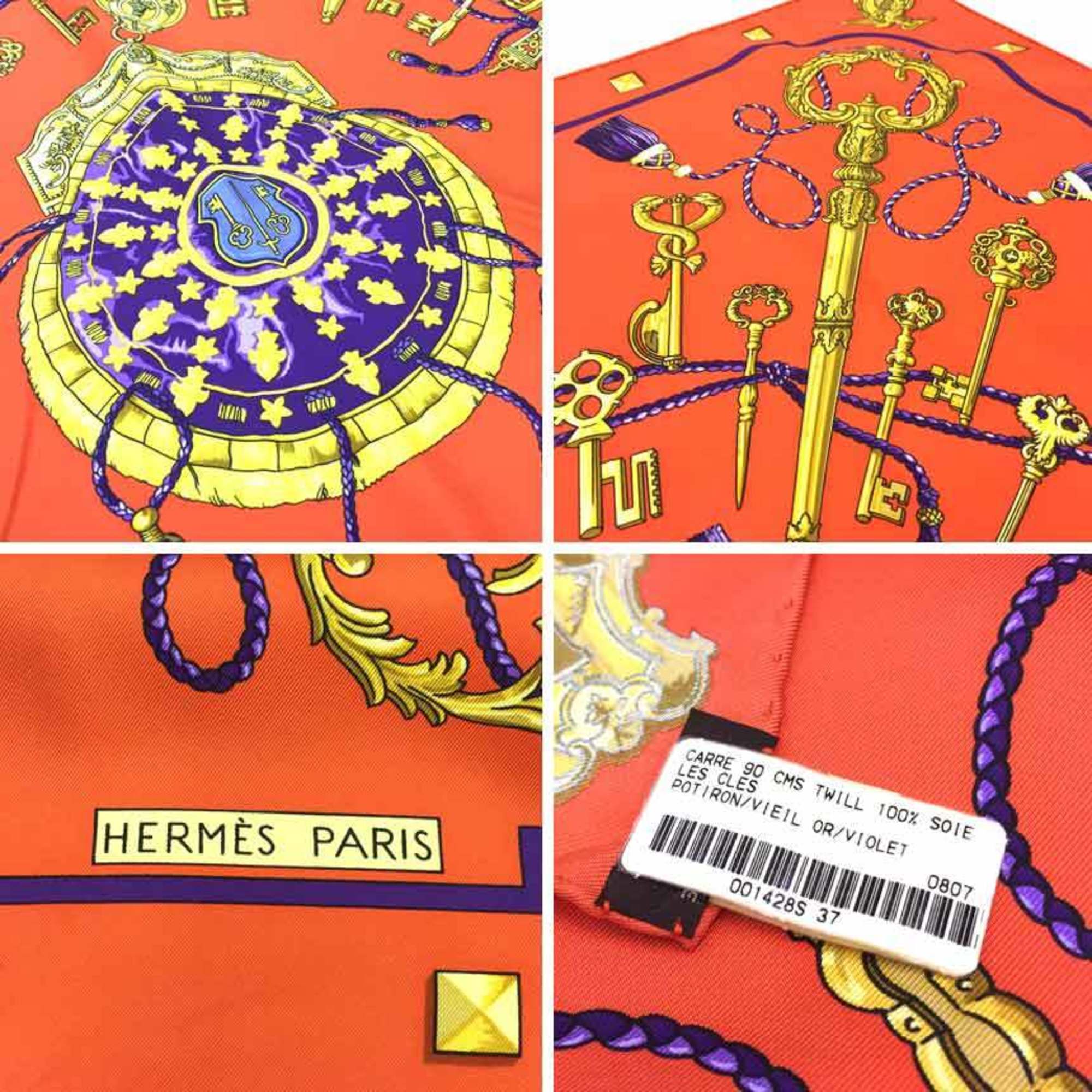 HERMES Scarf Muffler Carre 90 LES CLES Key Pattern Silk Orange POTIRON/VIEL ORANGE/VIOLE Taq9953
