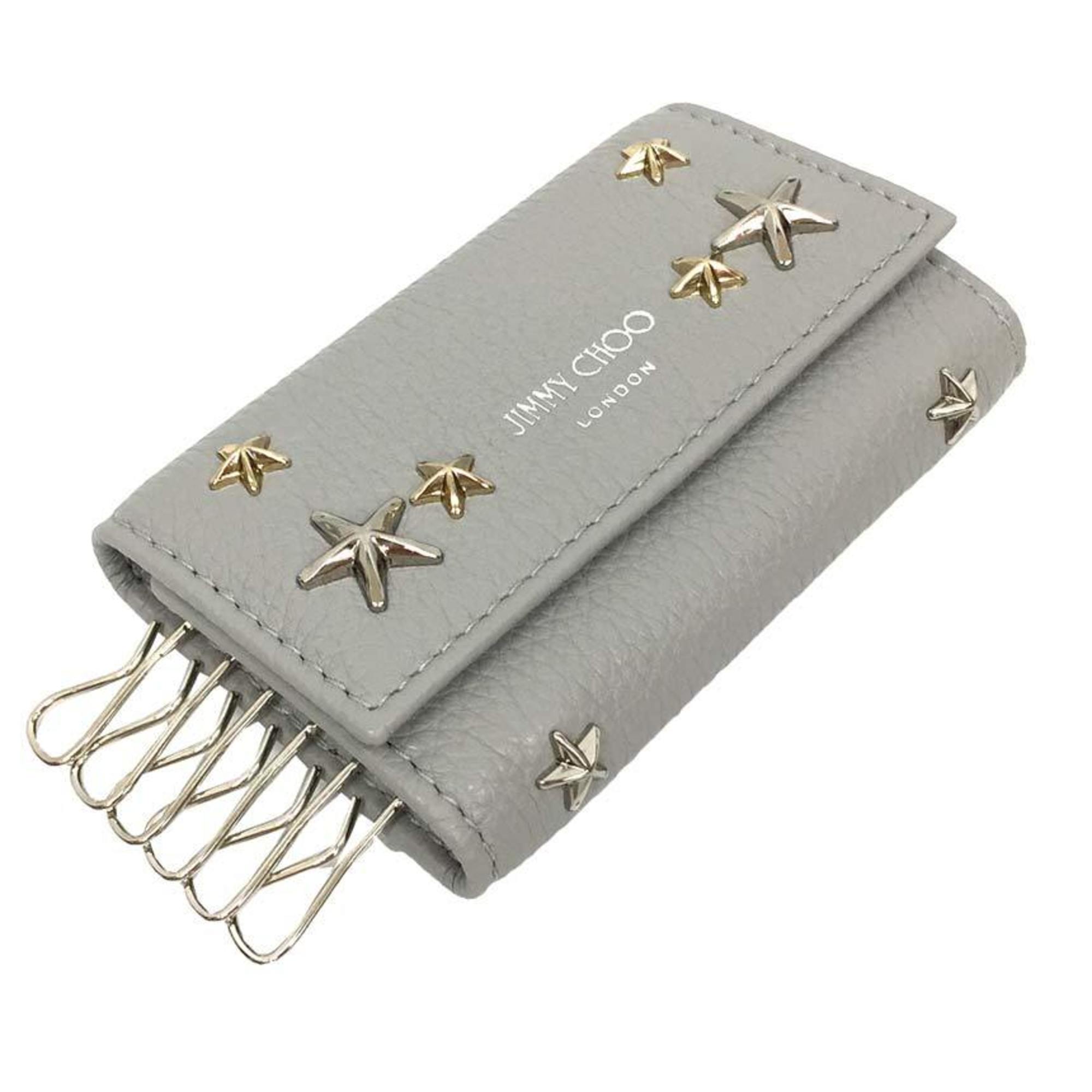 JIMMY CHOO NEPTUNE KEY CASE Neptune Star Studs Key Case Leather Light Gray / MOONSTONE MIX Small Wallet aq8276 10013803