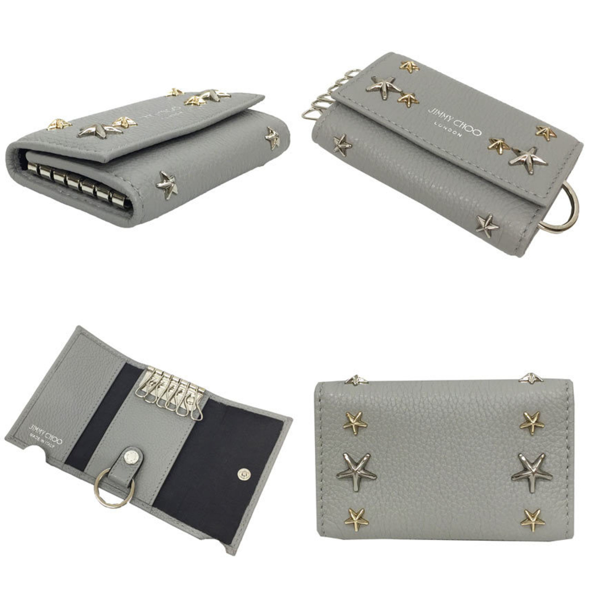 JIMMY CHOO NEPTUNE KEY CASE Neptune Star Studs Key Case Leather Light Gray / MOONSTONE MIX Small Wallet aq8276 10013803