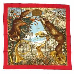 HERMES Scarf Muffler Carre 90 CHASSE au BOIS Forest Hunting Red 100% Silk aq9836