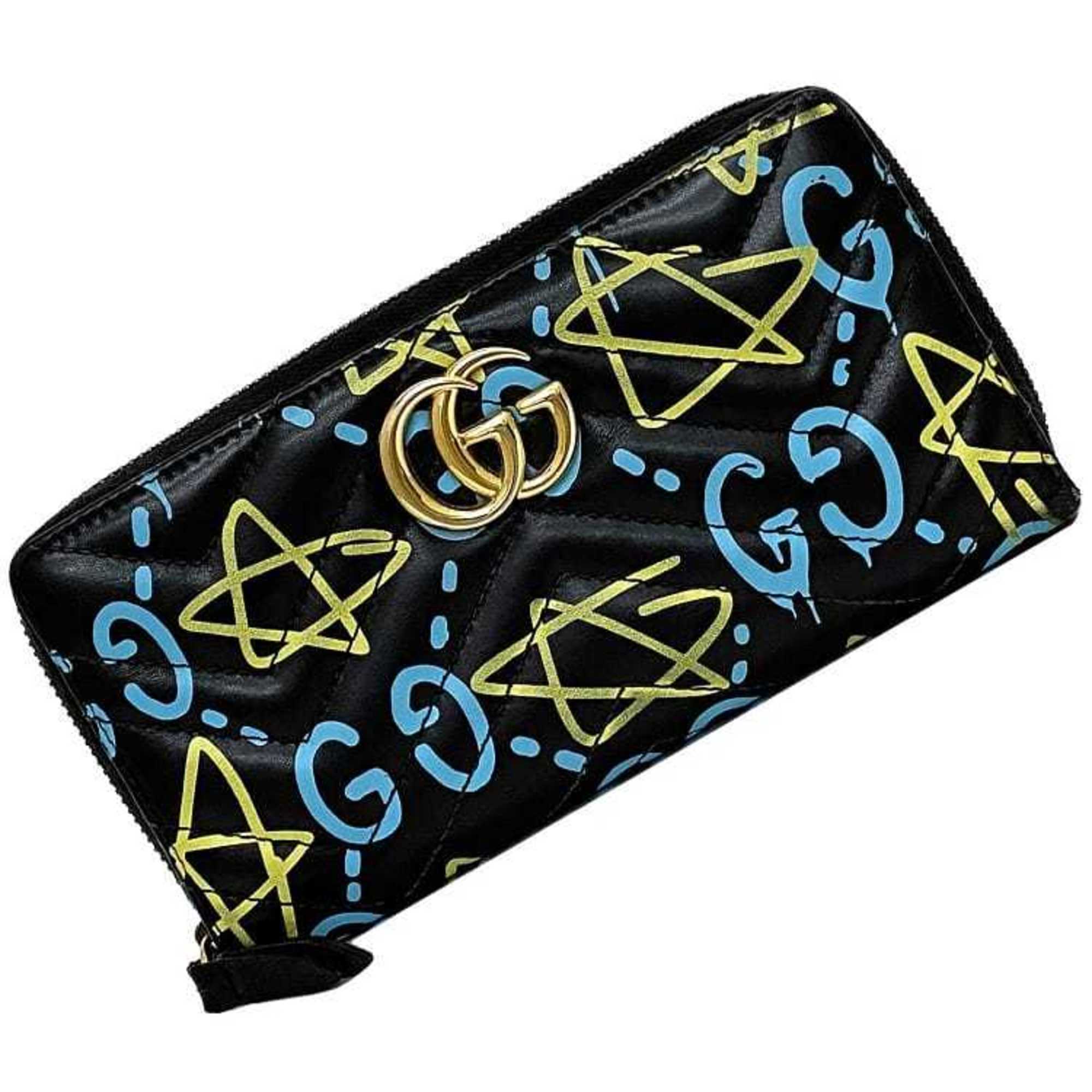 Gucci Round Long Wallet Black Blue GG Marmont Ghost 448087 f-20443 Leather GUCCI Paint Quilting Men's Women's