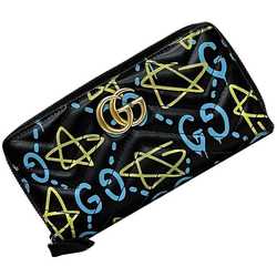 Gucci Round Long Wallet Black Blue GG Marmont Ghost 448087 f-20443 Leather GUCCI Paint Quilting Men's Women's