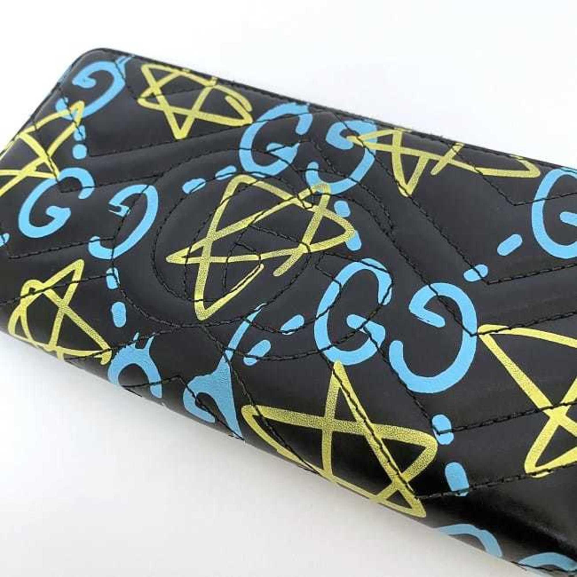 Gucci Round Long Wallet Black Blue GG Marmont Ghost 448087 f-20443 Leather GUCCI Paint Quilting Men's Women's