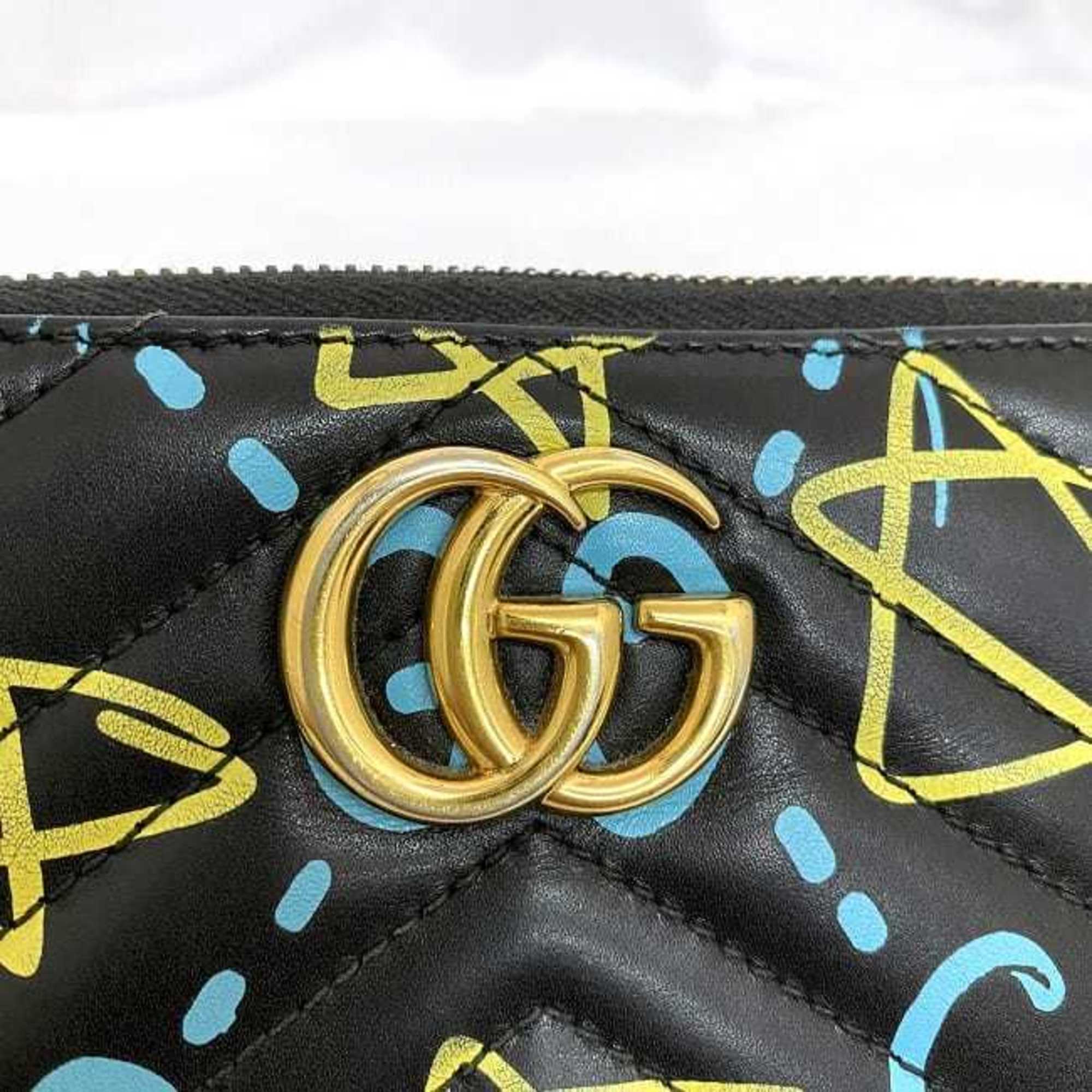 Gucci Round Long Wallet Black Blue GG Marmont Ghost 448087 f-20443 Leather GUCCI Paint Quilting Men's Women's