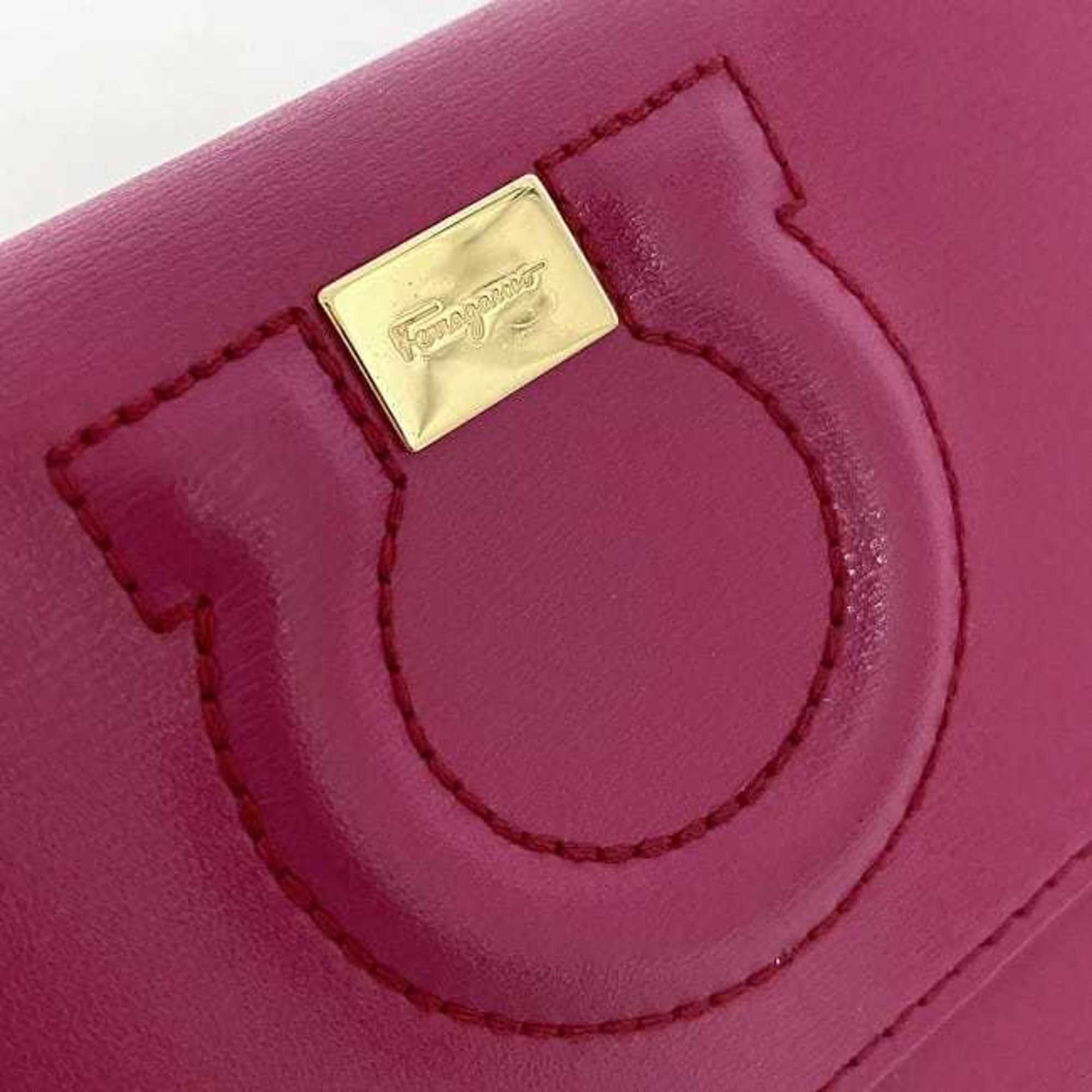 Salvatore Ferragamo Bi-fold Long Wallet Pink Gancini KM-22 C827 f-20488 Leather Flap Stitch Women's