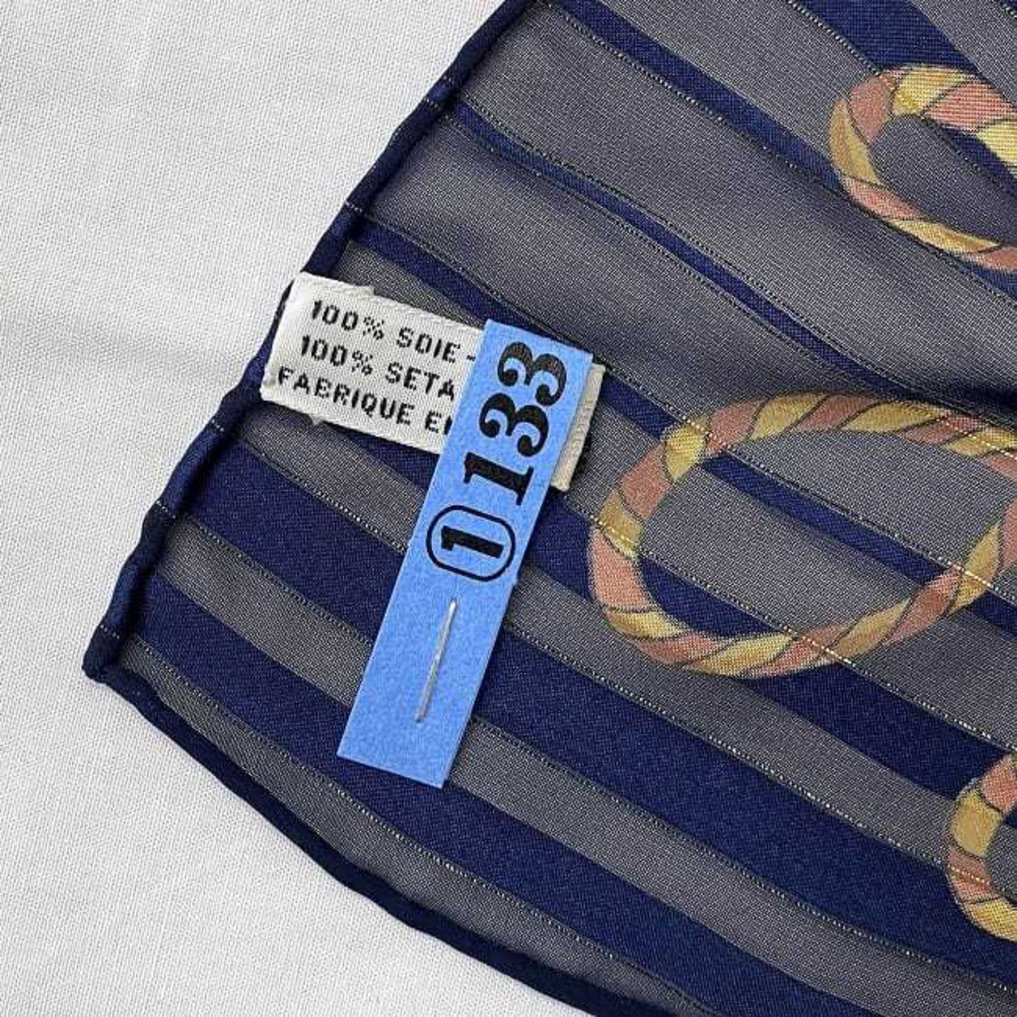 Hermes Scarf Muffler Carre 90 Navy Blue Gold ec-20439 100% Silk HERMES See-through Thread Stripe Tassel Leopard Print