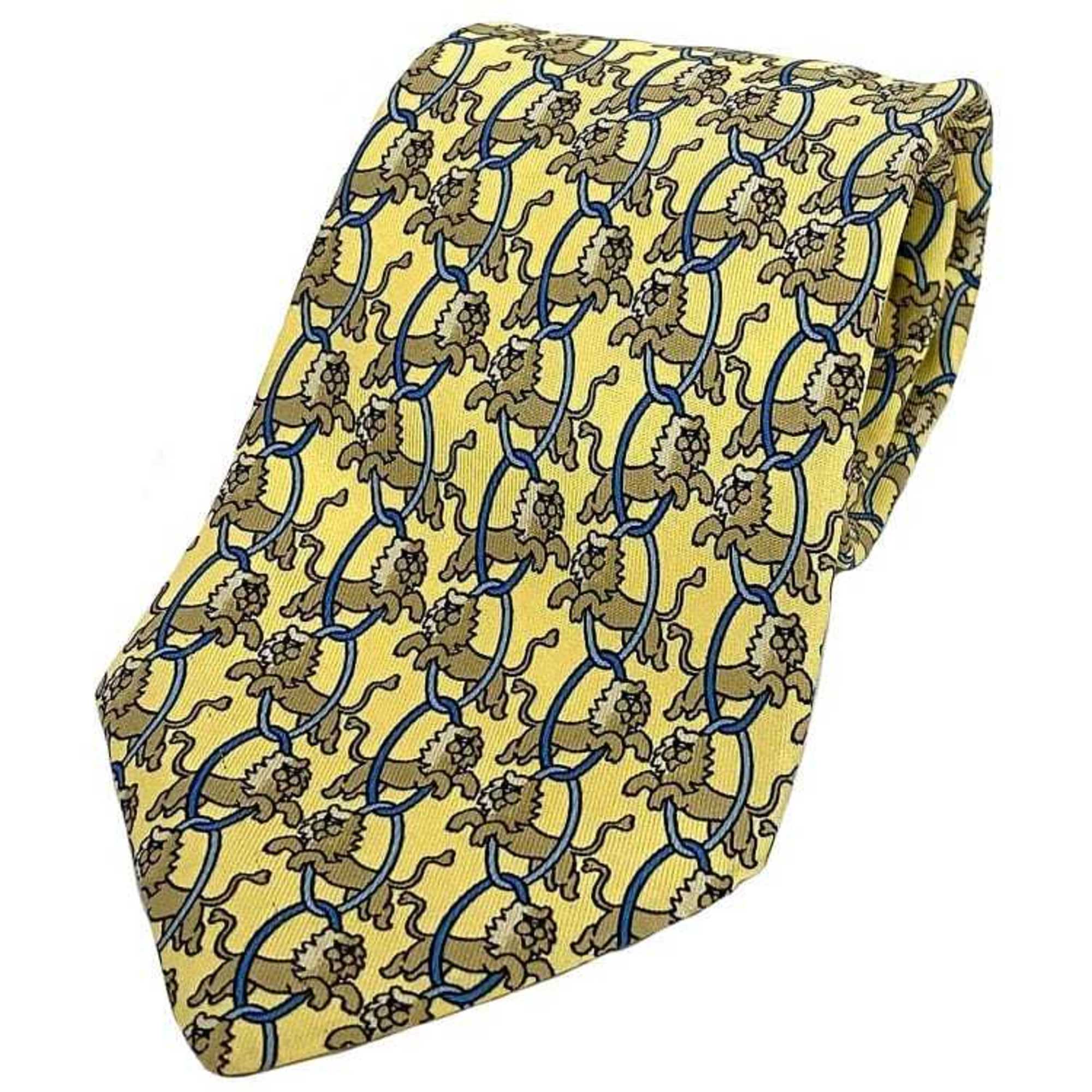 Hermes tie yellow ec-20347 100% silk HERMES lion animal men's