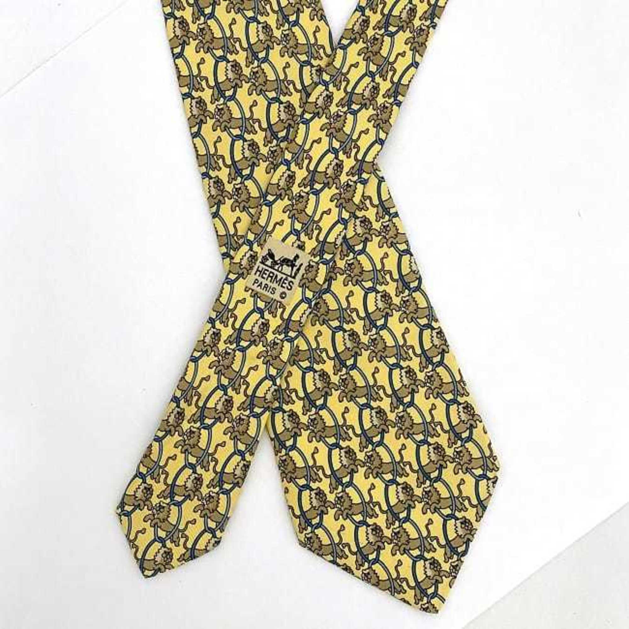 Hermes tie yellow ec-20347 100% silk HERMES lion animal men's