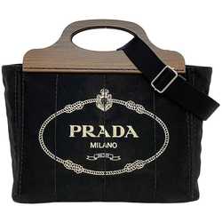 Prada 2-way bag with wood handles, Canapa tote, black, brown, NERO 1BG350 f-20479, canvas, wood, PRADA shoulder bag, handbag, CANAPA LEGNO