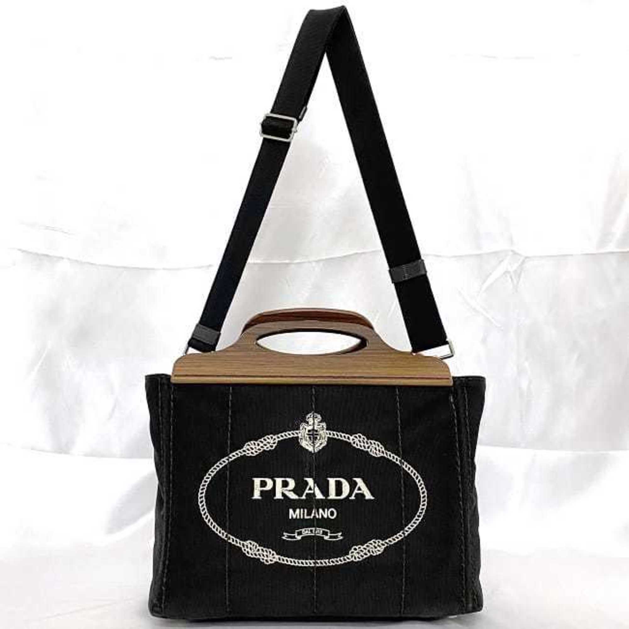 Prada 2-way bag with wood handles, Canapa tote, black, brown, NERO 1BG350 f-20479, canvas, wood, PRADA shoulder bag, handbag, CANAPA LEGNO