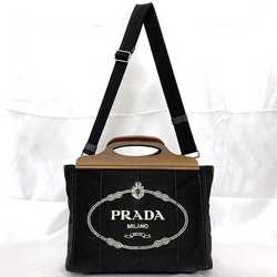 Prada 2-way bag with wood handles, Canapa tote, black, brown, NERO 1BG350 f-20479, canvas, wood, PRADA shoulder bag, handbag, CANAPA LEGNO