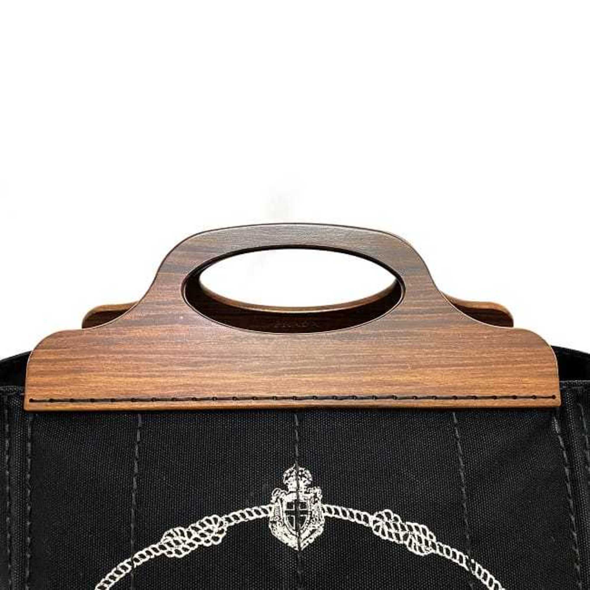 Prada 2-way bag with wood handles, Canapa tote, black, brown, NERO 1BG350 f-20479, canvas, wood, PRADA shoulder bag, handbag, CANAPA LEGNO