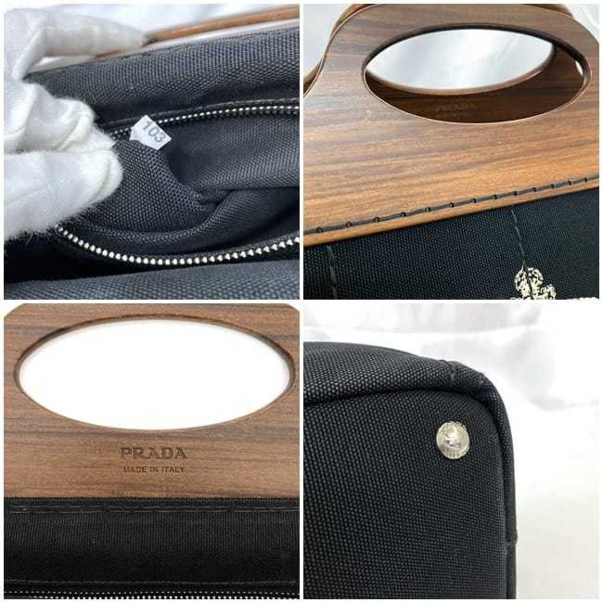 Prada 2-way bag with wood handles, Canapa tote, black, brown, NERO 1BG350 f-20479, canvas, wood, PRADA shoulder bag, handbag, CANAPA LEGNO