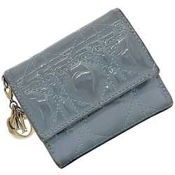 Christian Dior Tri-fold Wallet Grey Blue Lady S0181OVRB f-20487 Compact Patent Leather Camage Quilting