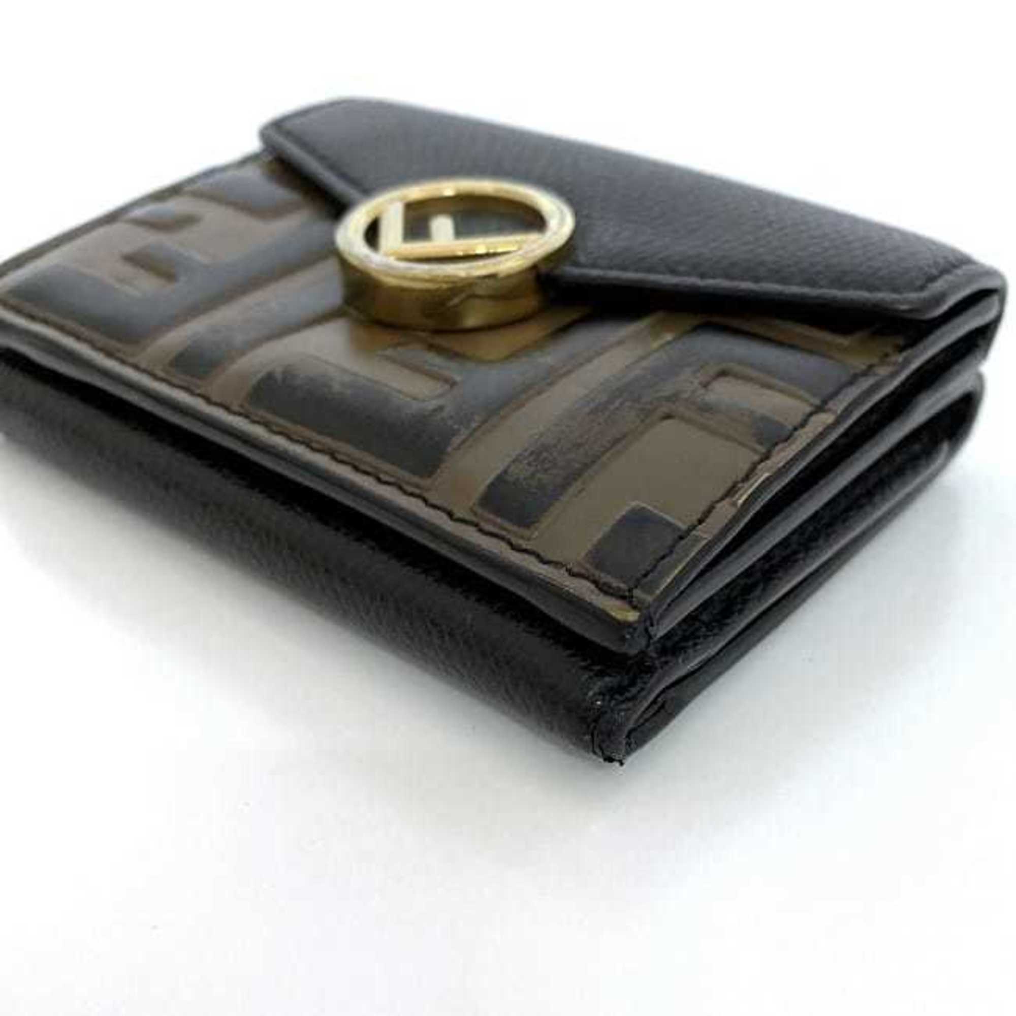 Fendi Tri-fold Wallet Black Brown F Is 8M0395 ec-20445 Compact Zucca Leather FENDI FF Women Men