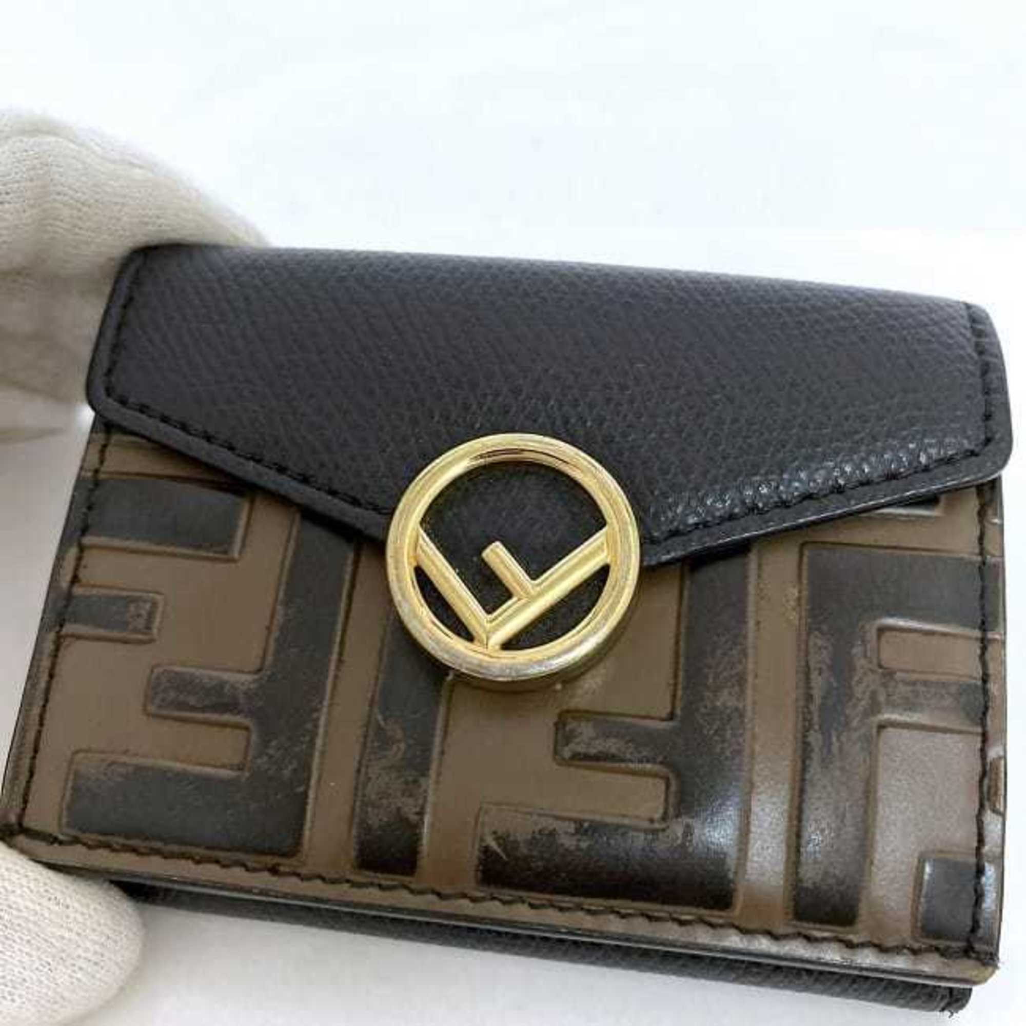 Fendi Tri-fold Wallet Black Brown F Is 8M0395 ec-20445 Compact Zucca Leather FENDI FF Women Men