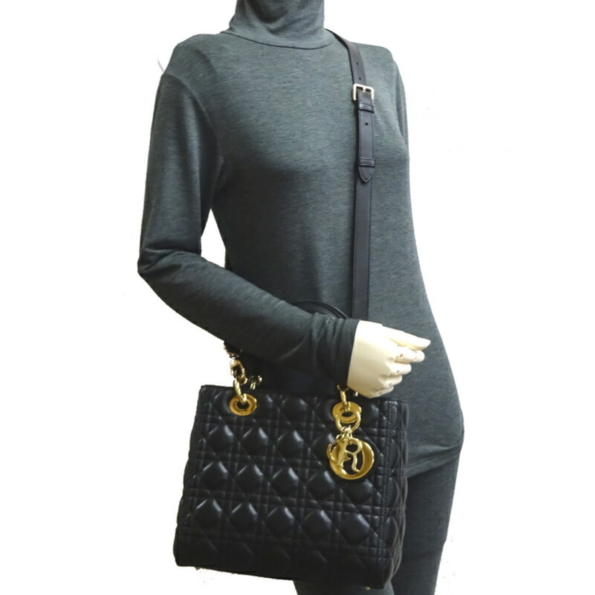 Christian Dior Lady Medium Women's Handbag Lambskin Black