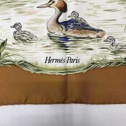 Hermes Scarf Muffler Carre 90 White Brown Rest in Camargue ec-20340 100% Silk HERMES Halte en Large Bird Women's