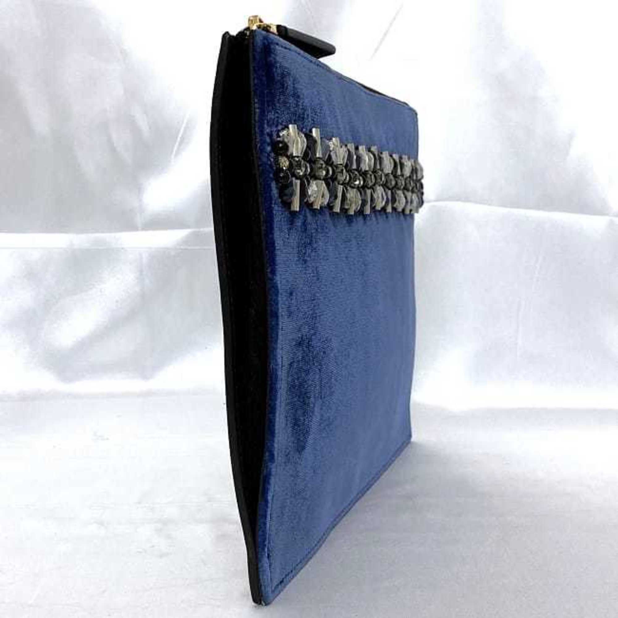 Marni Clutch Bag Blue Black ec-20313 Beads Pouch Velvet Leather Rhinestone MARNI Stones Women's