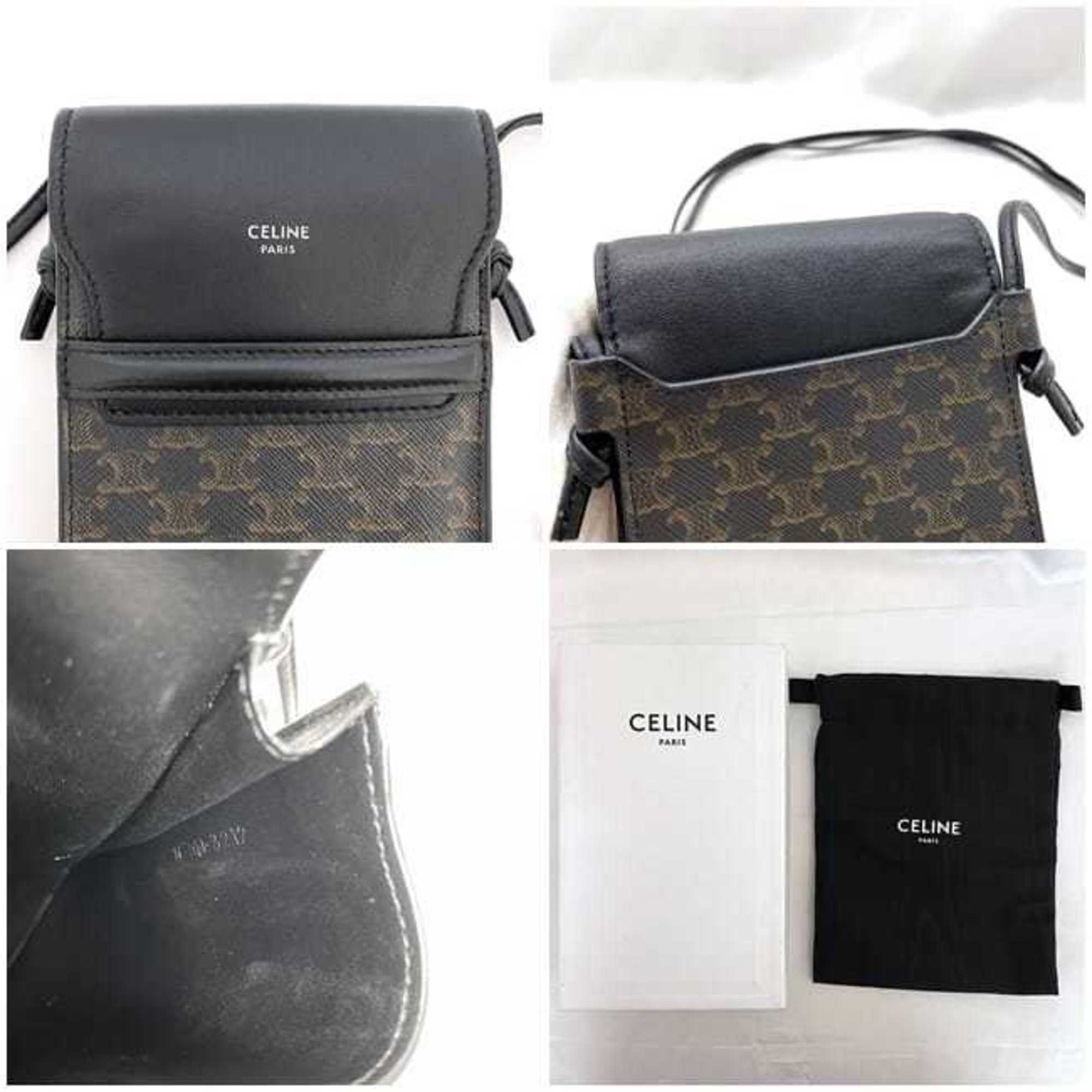 Celine Shoulder Bag Phone Black Triomphe 10G332CQD.38SI f-20372 Pochette PVC Leather CELINE Flap Pocket