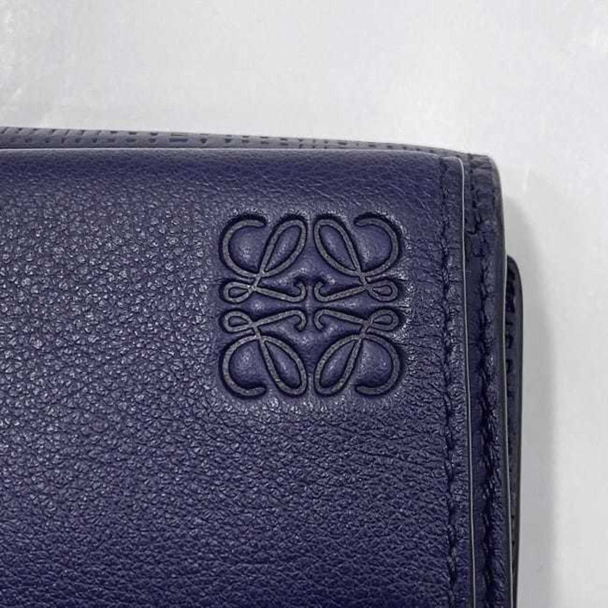 LOEWE Tri-fold Wallet Navy Repeat Anagram 101.88.S26 f-20476 Leather Grained Compact