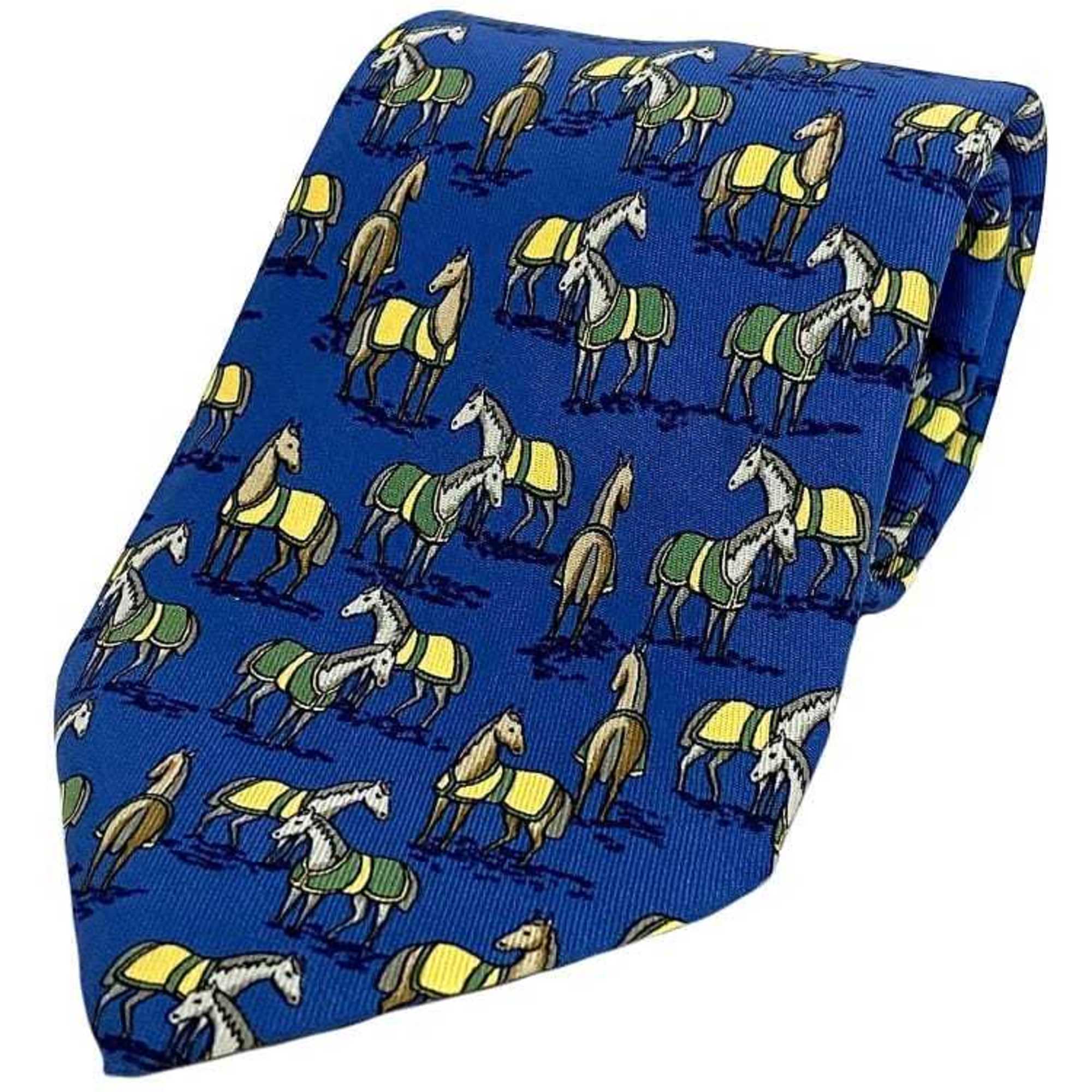 Hermes tie blue ec-20345 100% silk HERMES horse men's animal