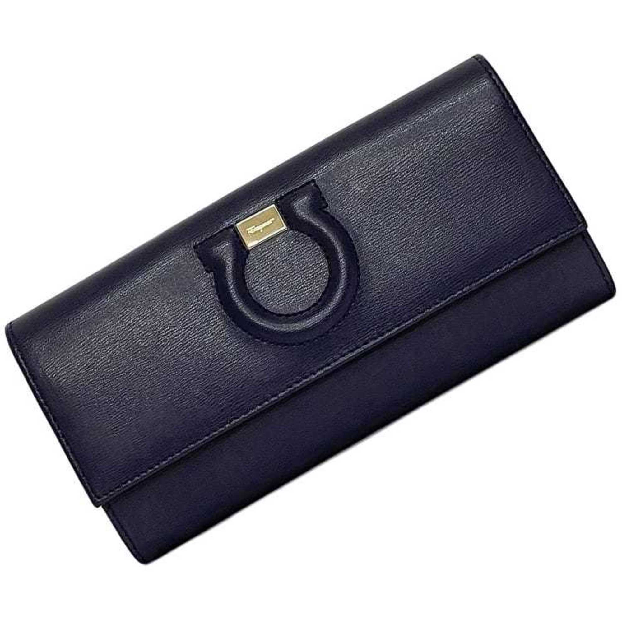 Salvatore Ferragamo Bi-fold Long Wallet Navy Blue Gancini f-20446 Leather Flap Stitching Women's