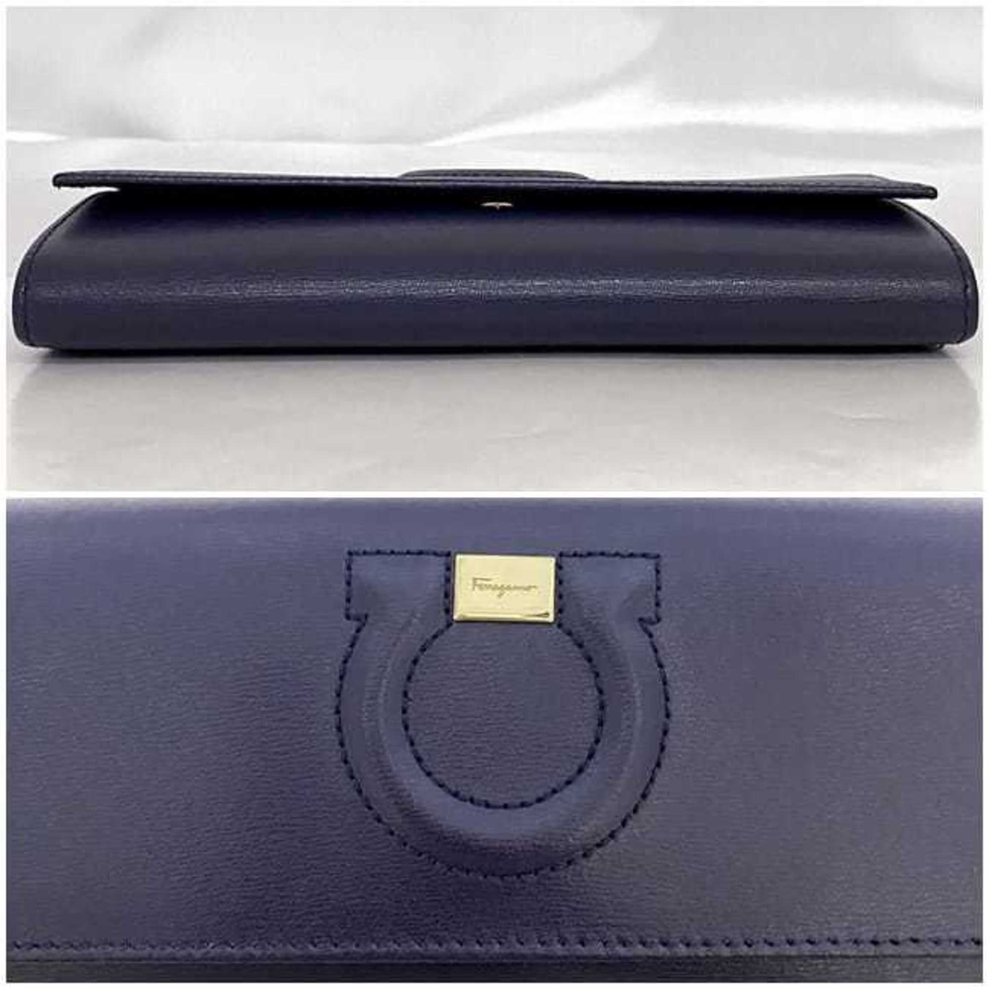 Salvatore Ferragamo Bi-fold Long Wallet Navy Blue Gancini f-20446 Leather Flap Stitching Women's