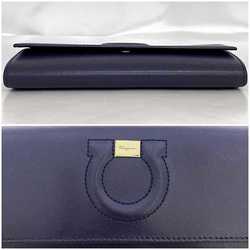 Salvatore Ferragamo Bi-fold Long Wallet Navy Blue Gancini f-20446 Leather Flap Stitching Women's