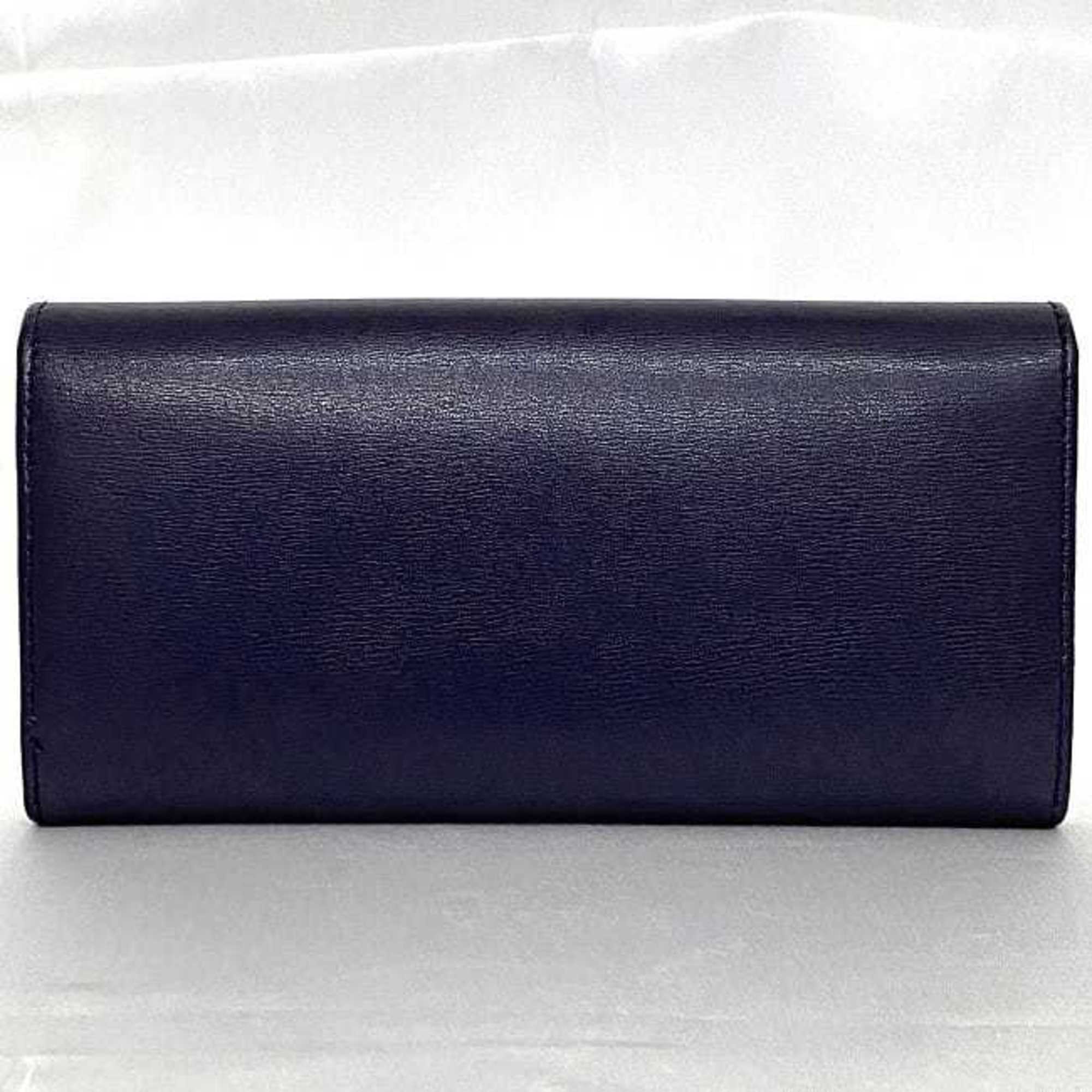 Salvatore Ferragamo Bi-fold Long Wallet Navy Blue Gancini f-20446 Leather Flap Stitching Women's