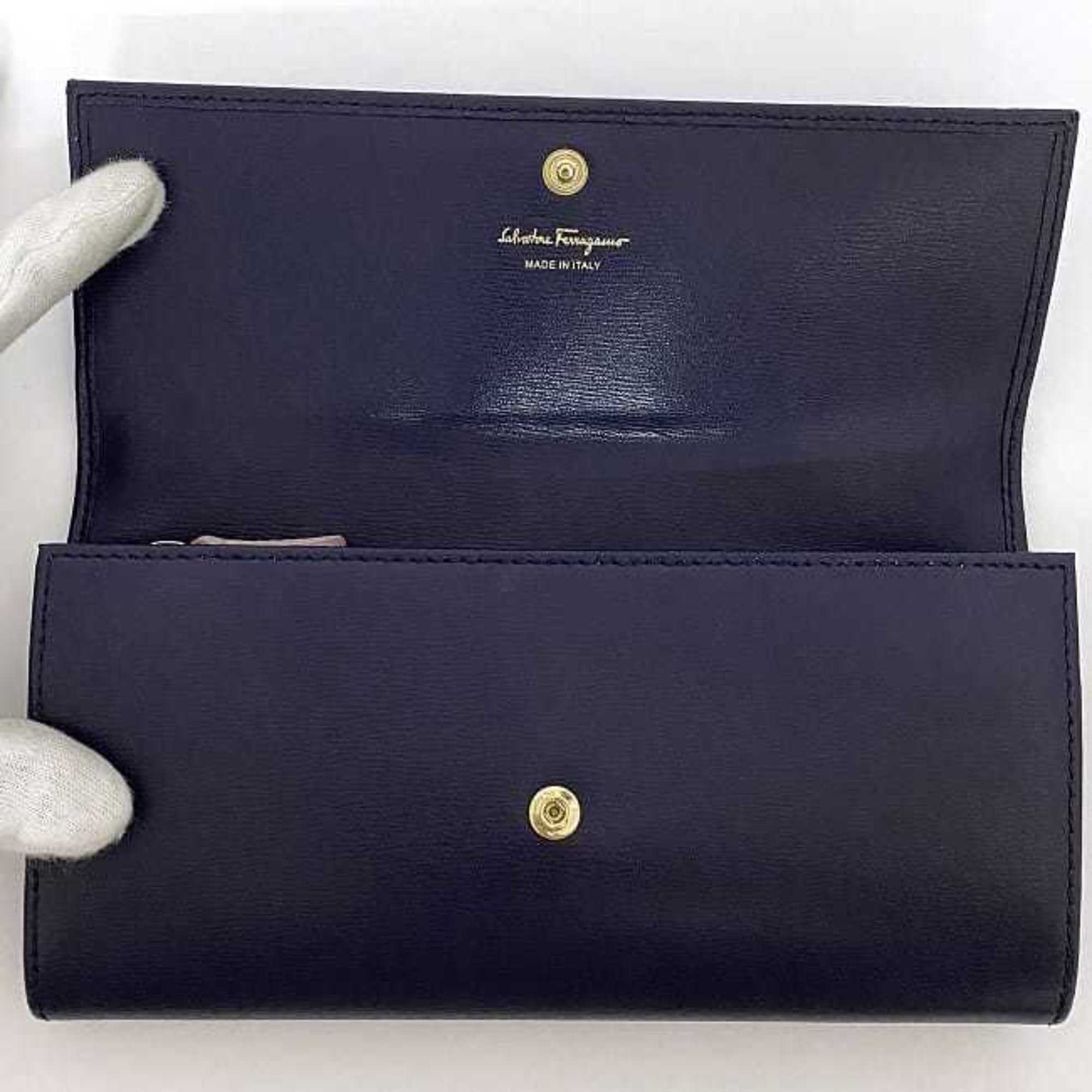 Salvatore Ferragamo Bi-fold Long Wallet Navy Blue Gancini f-20446 Leather Flap Stitching Women's