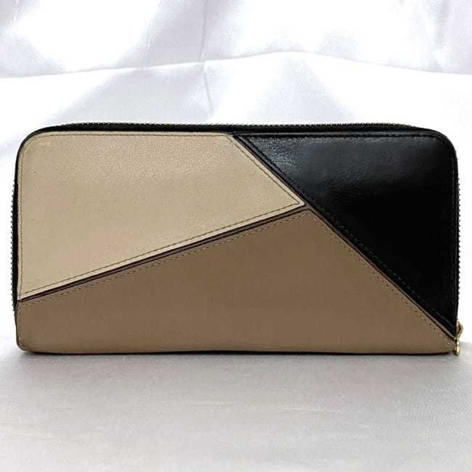 LOEWE Round Long Wallet Beige Brown Black Puzzle ec-20421 Leather Anagram Women's