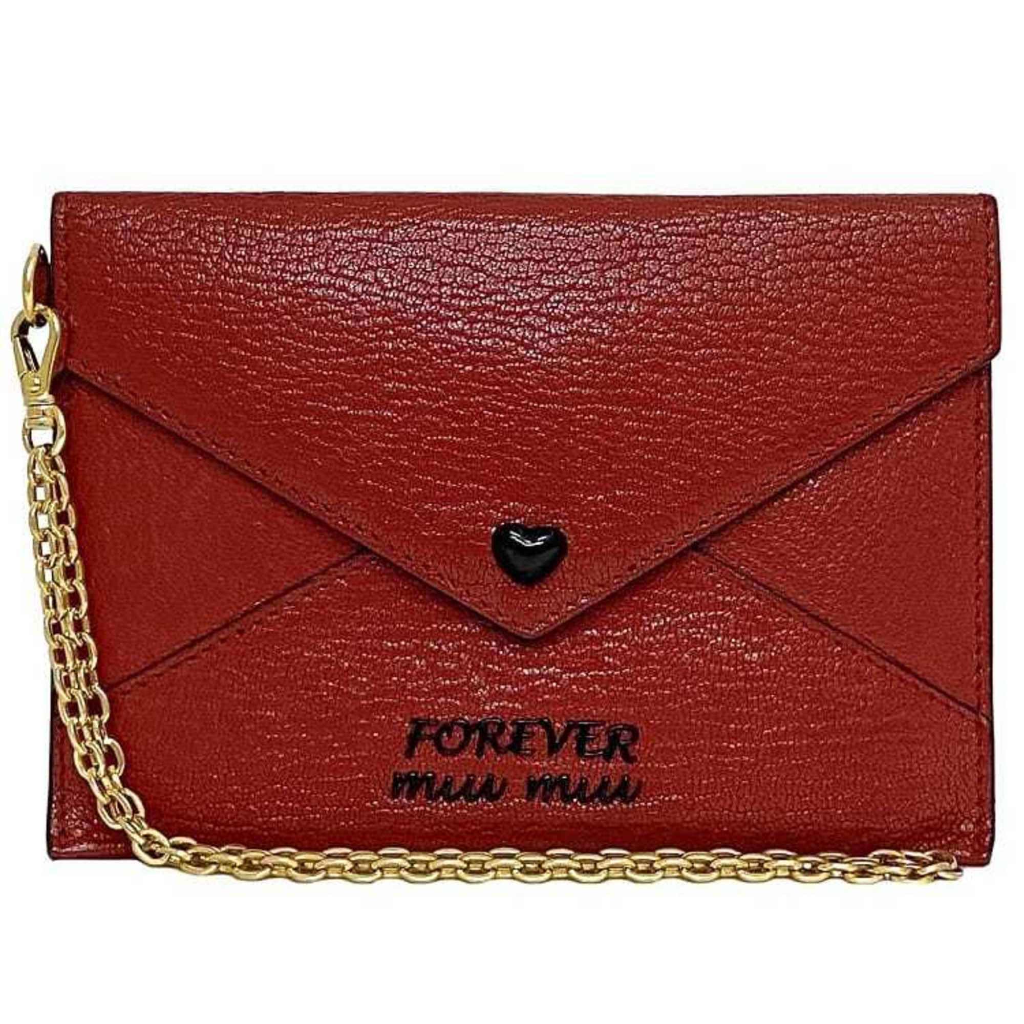 Miu Miu Miu Card Case Red Madras 5TL346 ec-20305 Heart Coin Leather Purse Pouch Flap Chain