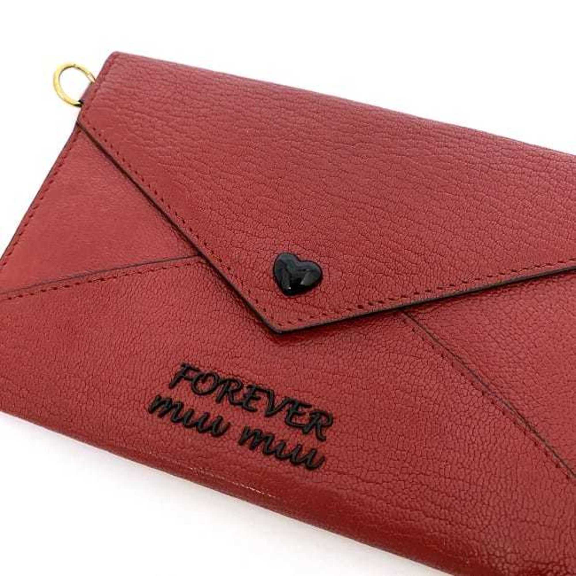 Miu Miu Miu Card Case Red Madras 5TL346 ec-20305 Heart Coin Leather Purse Pouch Flap Chain