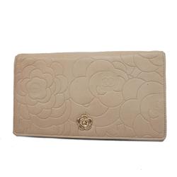 Chanel Long Wallet Camellia Lambskin Beige Women's