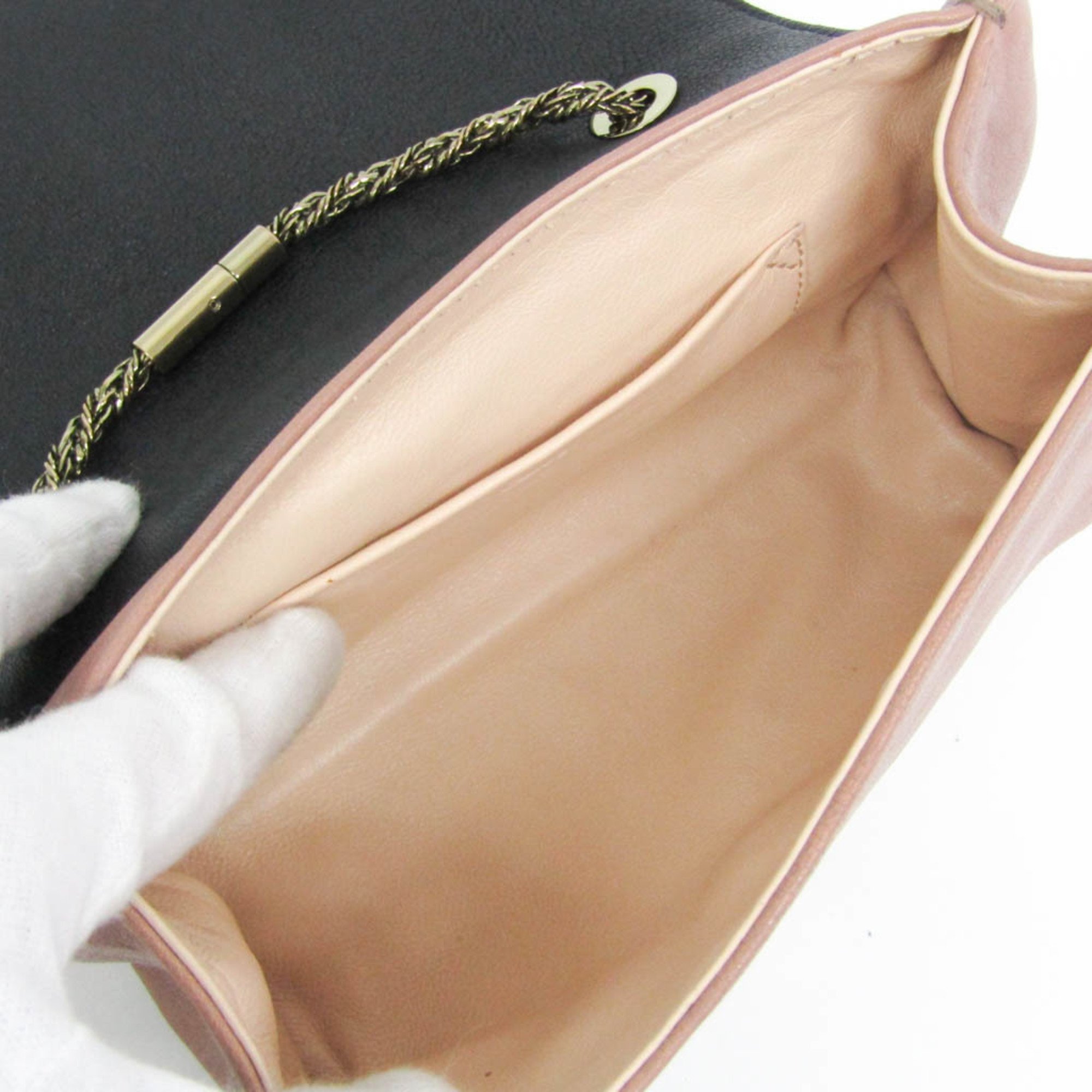 Chloé Ribbon Motif June 3S0321 Women's Leather Shoulder Bag Black,Pink Beige