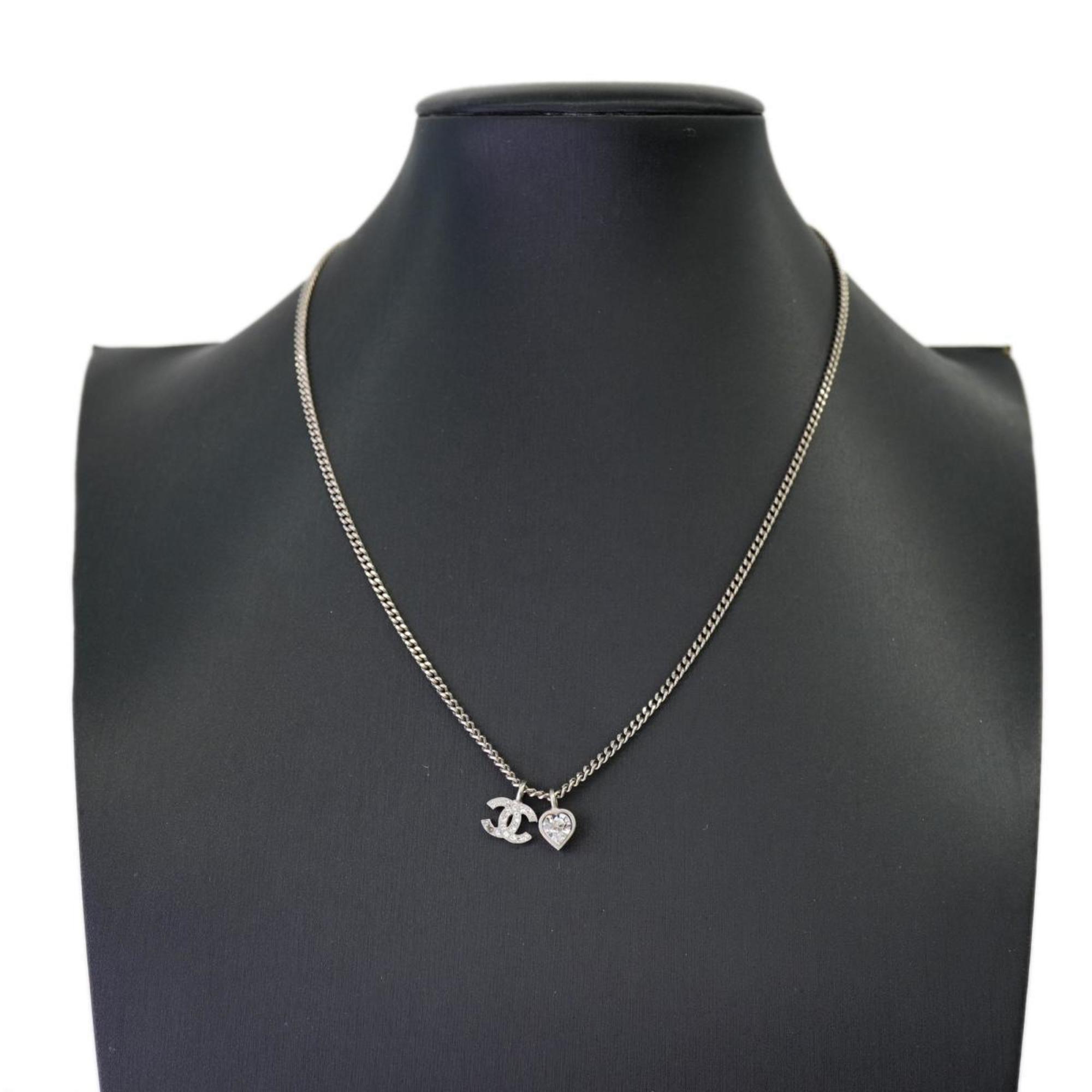 Chanel Necklace Coco Mark Heart Motif Rhinestone Metal Silver D11C Women's