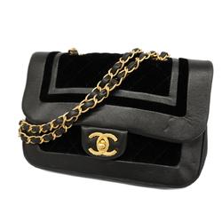 Chanel Shoulder Bag Matelasse W Chain Lambskin Velour Black Champagne Women's