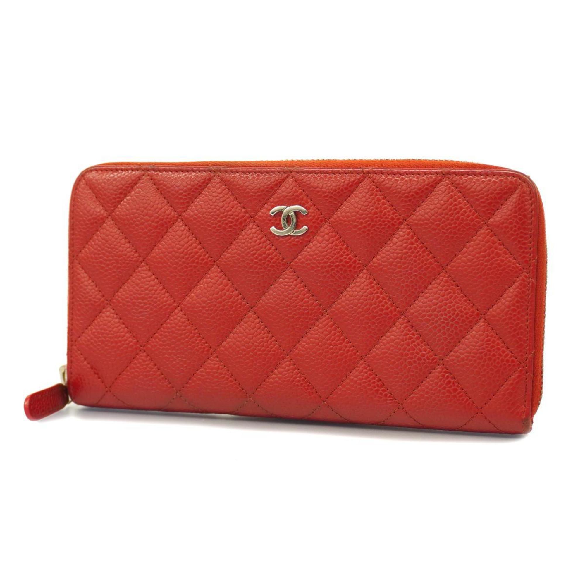Chanel Long Wallet Matelasse Caviar Skin Red Women's