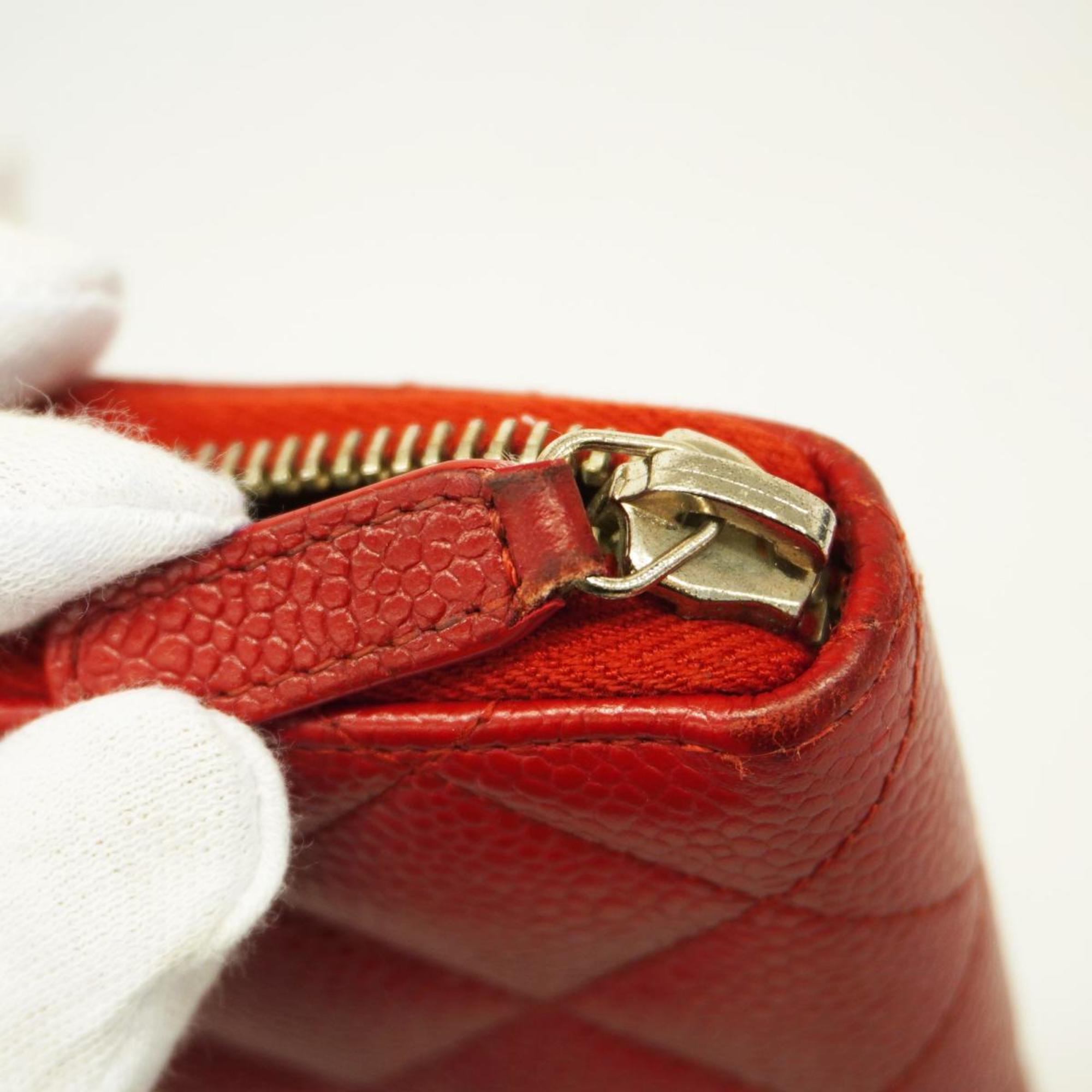 Chanel Long Wallet Matelasse Caviar Skin Red Women's