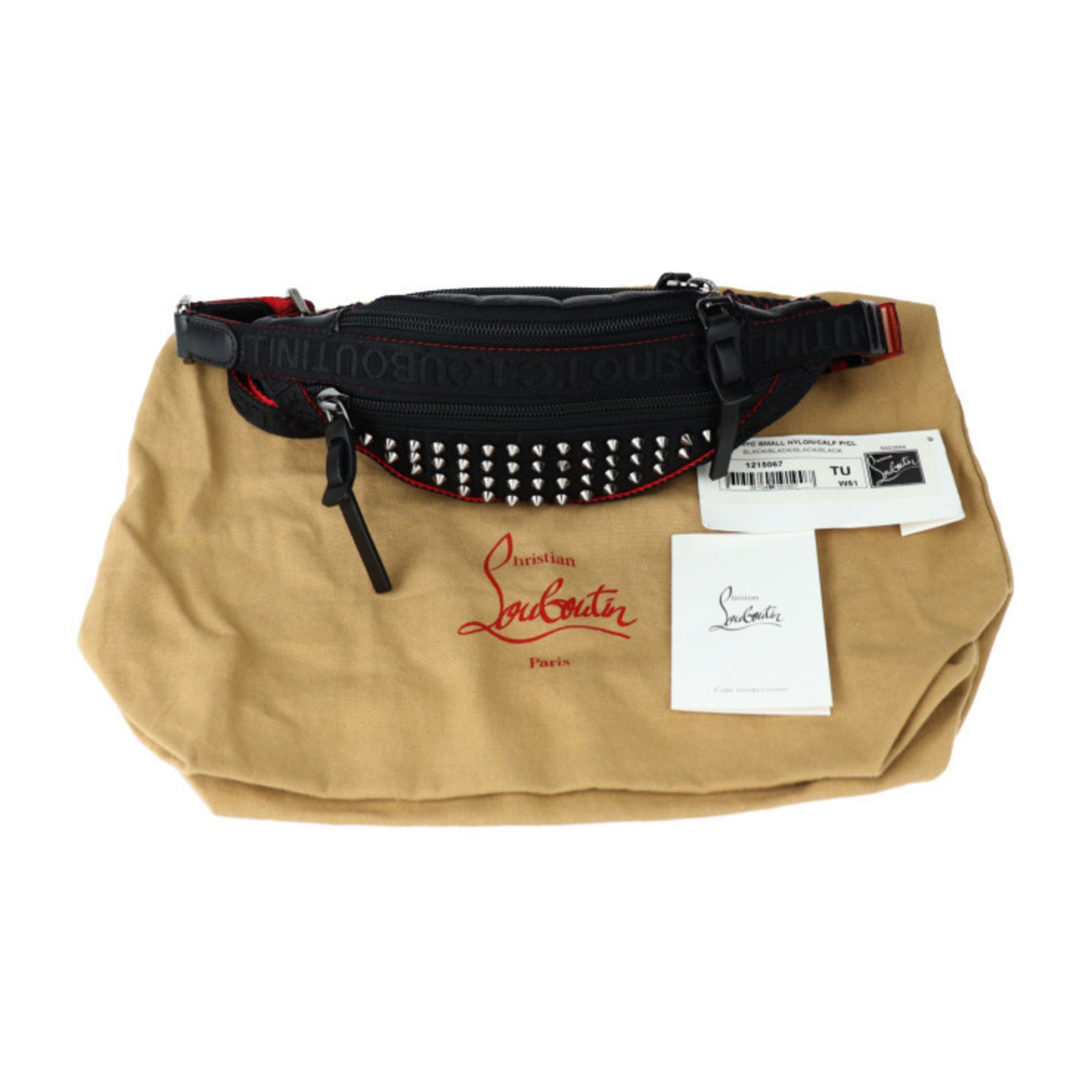 Christian Louboutin Paris New York City Small Bag Waist 1215067 Nylon Calf Leather Black Red Body Pouch Spike Studs